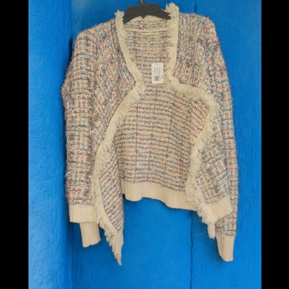 Sparkly Cropped Fringe Knit Cardigan – Cream Multicolor (S/M)